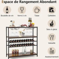 étagère à Vin Horizontal avec 4 Rangées de Porte Verres et 3 étagères de Rangement 5 Niveaux pour 22 Bouteilles de Vin