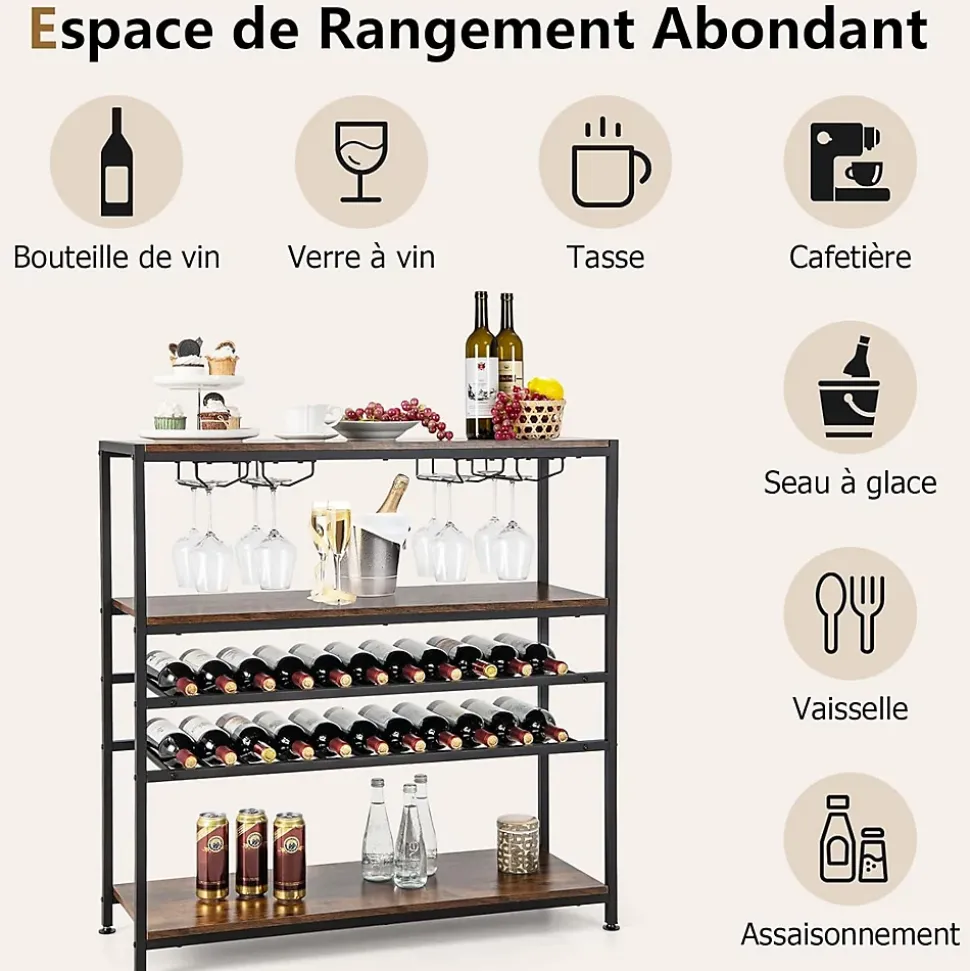 étagère à Vin Horizontal avec 4 Rangées de Porte Verres et 3 étagères de Rangement 5 Niveaux pour 22 Bouteilles de Vin