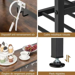 étagère à Vin Horizontal avec 4 Rangées de Porte Verres et 3 étagères de Rangement 5 Niveaux pour 22 Bouteilles de Vin