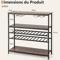 étagère à Vin Horizontal avec 4 Rangées de Porte Verres et 3 étagères de Rangement 5 Niveaux pour 22 Bouteilles de Vin