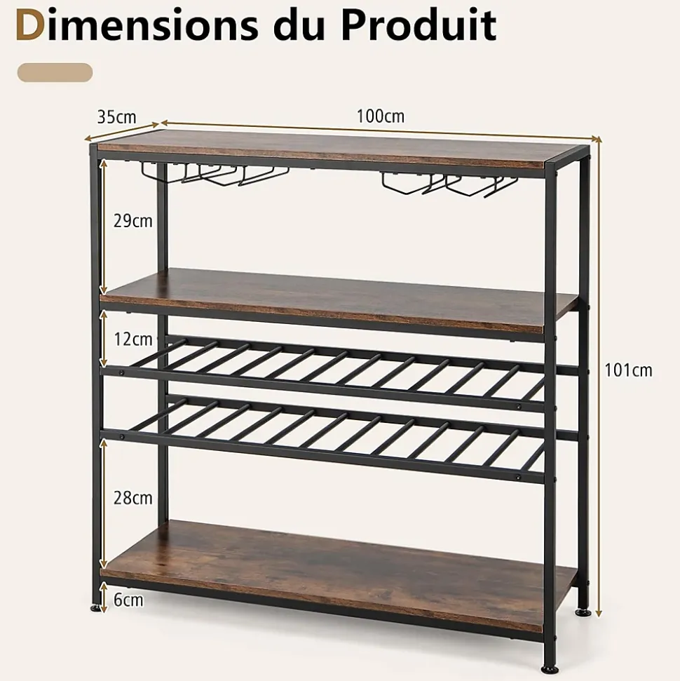 étagère à Vin Horizontal avec 4 Rangées de Porte Verres et 3 étagères de Rangement 5 Niveaux pour 22 Bouteilles de Vin