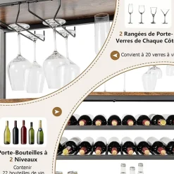 étagère à Vin Horizontal avec 4 Rangées de Porte Verres et 3 étagères de Rangement 5 Niveaux pour 22 Bouteilles de Vin