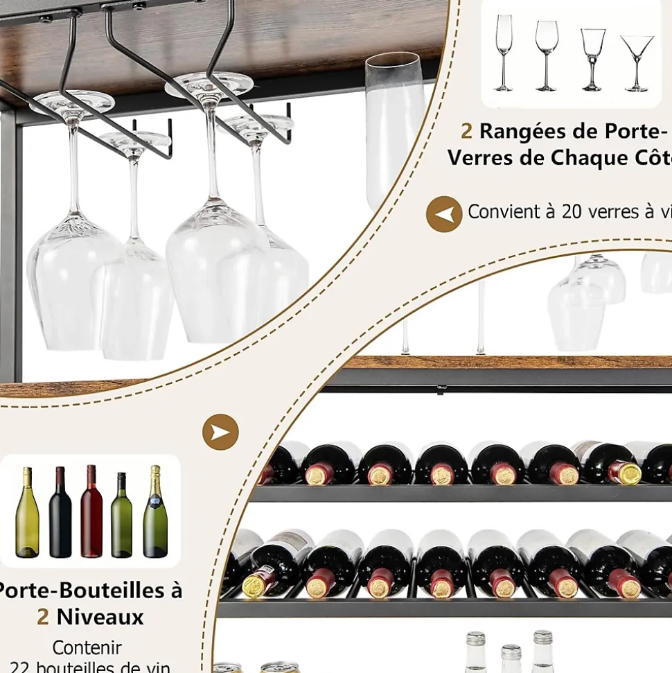étagère à Vin Horizontal avec 4 Rangées de Porte Verres et 3 étagères de Rangement 5 Niveaux pour 22 Bouteilles de Vin