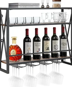 Étagère à Vin Murale Casier à Vin Suspendue 3 Niveaux avec Porte Verres Cadre en Métal Protection Anti Chute Marron