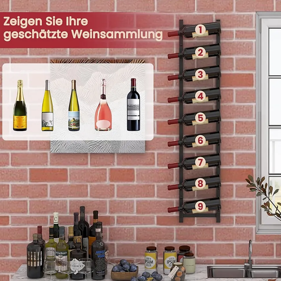 Étagère à Vin Murale pour 9 Bouteilles Porte Bouteilles Suspendu en Métal Casier à Vin Style Moderne