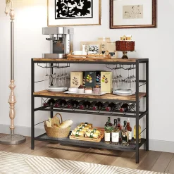 Étagère à Vin pour 7 Bouteilles, 4 Supports de Verre, Large Plateau, pour Cuisine, Salle à Manger, 104x40x87cm, Marron Rustique