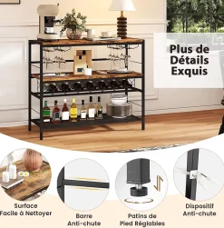 Étagère à Vin pour 7 Bouteilles, 4 Supports de Verre, Large Plateau, pour Cuisine, Salle à Manger, 104x40x87cm, Marron Rustique
