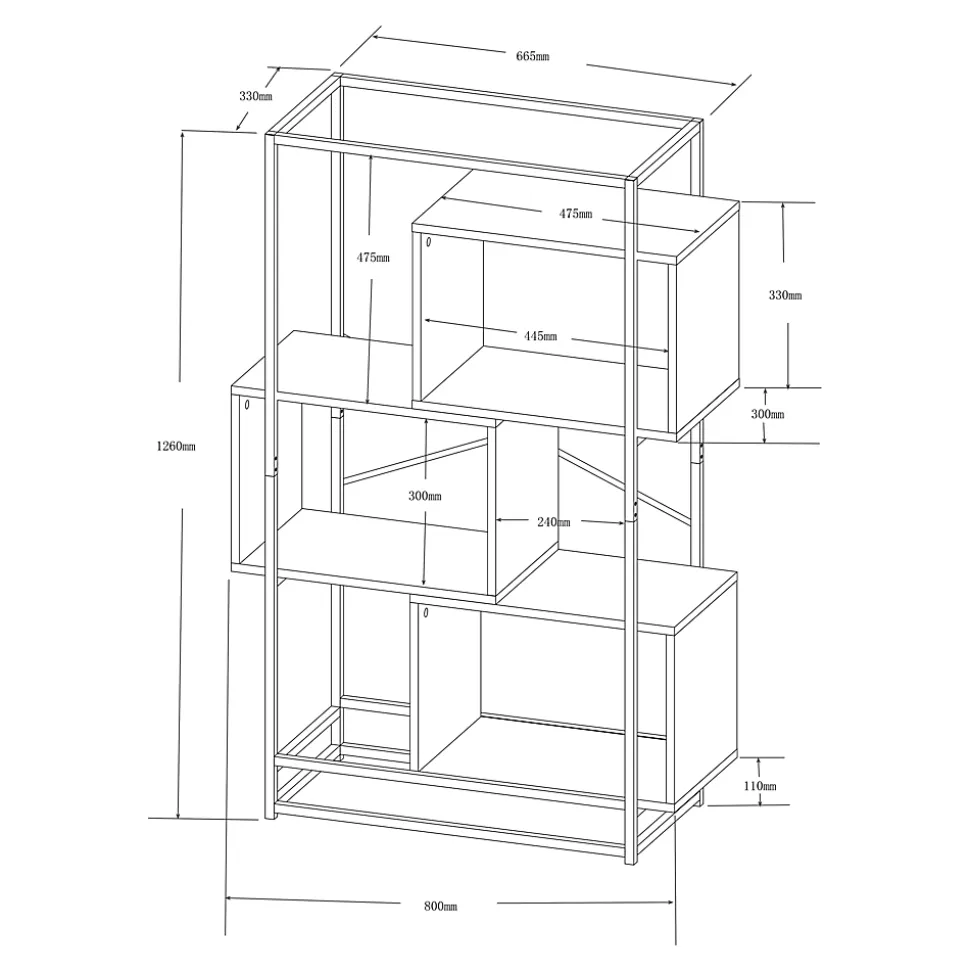 Étagère autoportante Rennebu acier 126 x 80 x 33 cm noir effet chêne en.casa