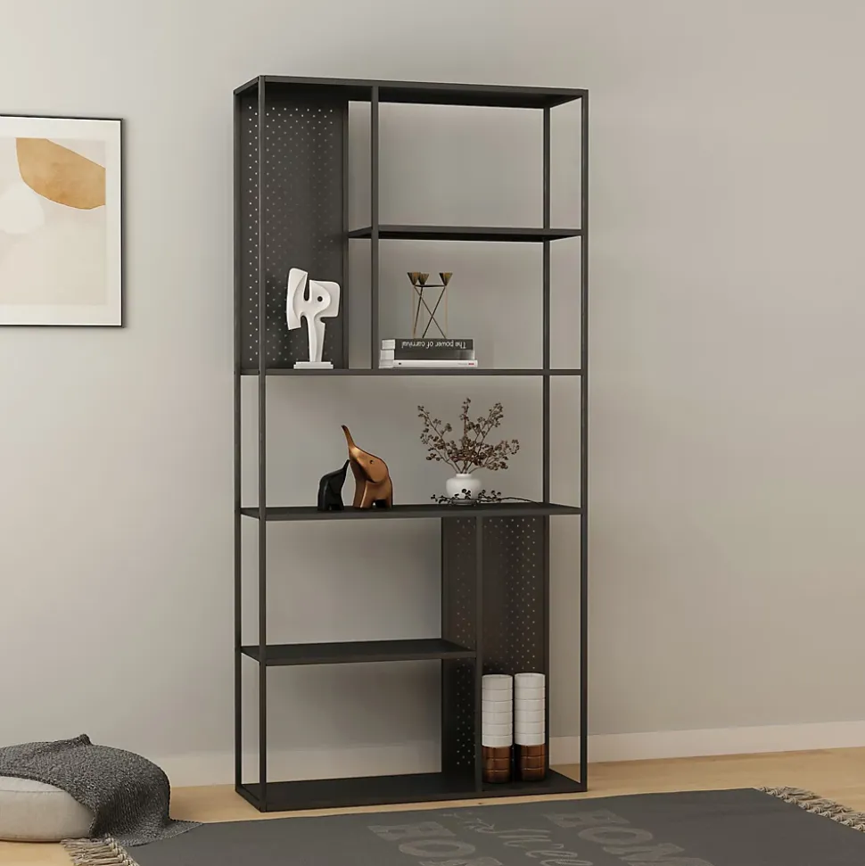 Étagère autoportante Vehmaa avec panneaux décoratifs acier 188 x 90 x 30 cm noir en.casa
