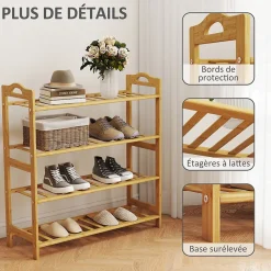 Étagère bambou style naturel - étagère à chaussures 4 niveaux - dim. 67,5 x 24,7 x 72 cm