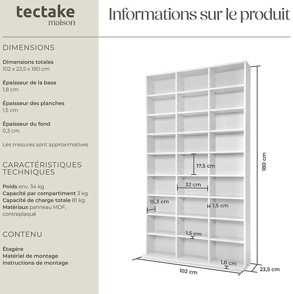 Étagère bibliothèque Christel 180 x 102 x 23,5cm aspect bois