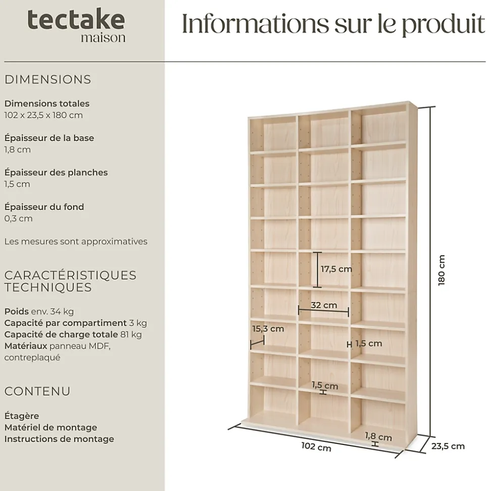 Étagère bibliothèque Christel 180 x 102 x 23,5cm aspect bois