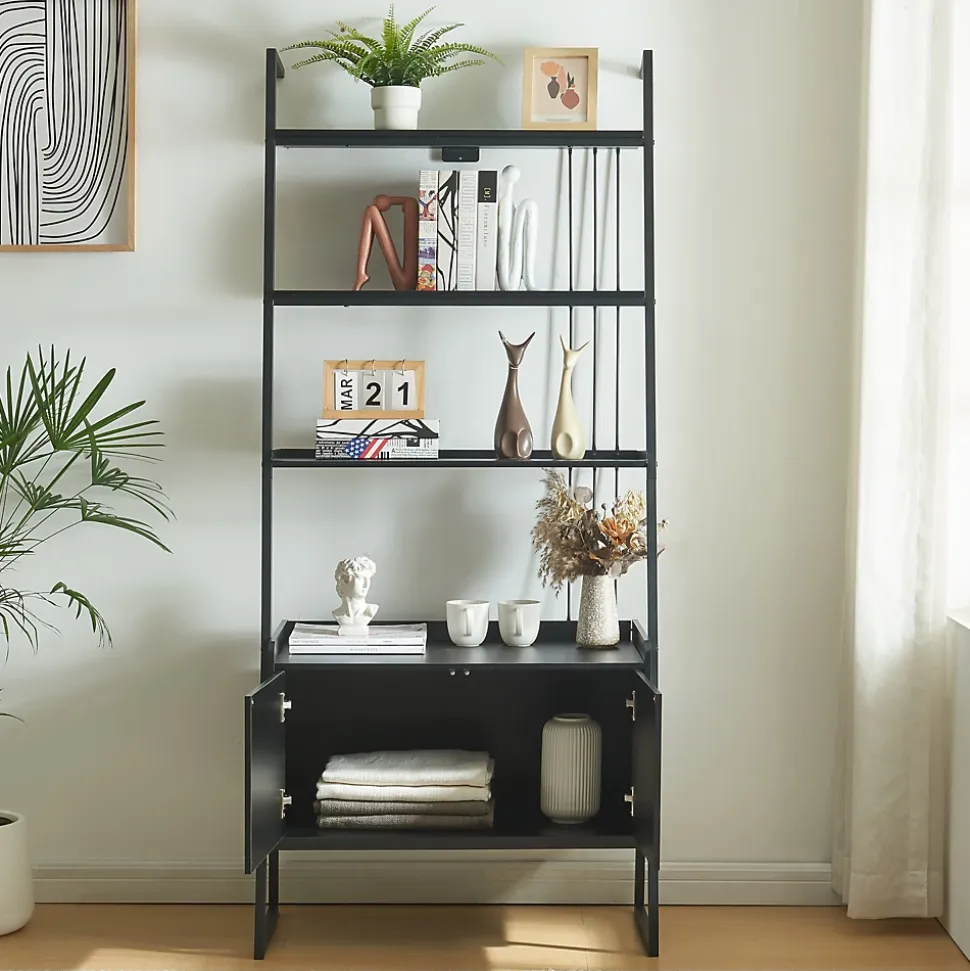 Étagère échelle Storfjord avec armoire noir en.casa