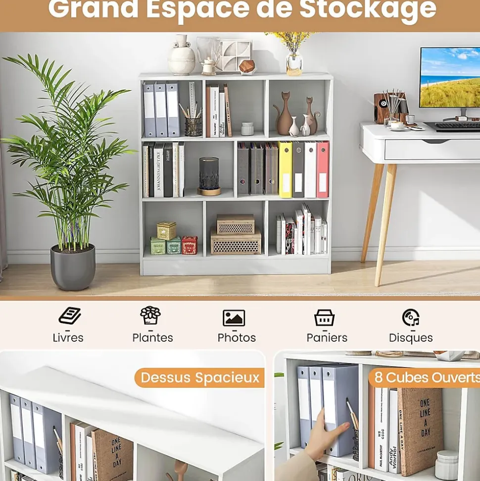 Étagère 8-Cube, 3 Niveaux avec Compartiments, 2 Kits Anti-basculement, Armoire pour Livres ,Jouets, 100 x 24 x 104 cm (Blanc)