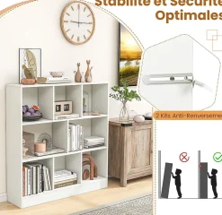 Étagère 8-Cube, 3 Niveaux avec Compartiments, 2 Kits Anti-basculement, Armoire pour Livres ,Jouets, 100 x 24 x 104 cm (Blanc)