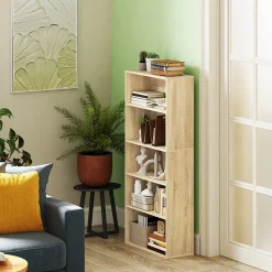 Étagère cube colonne - bibliothèque - rangement 5 compartiments - dim. 60 x 24 x 133 cm - effet bois naturel