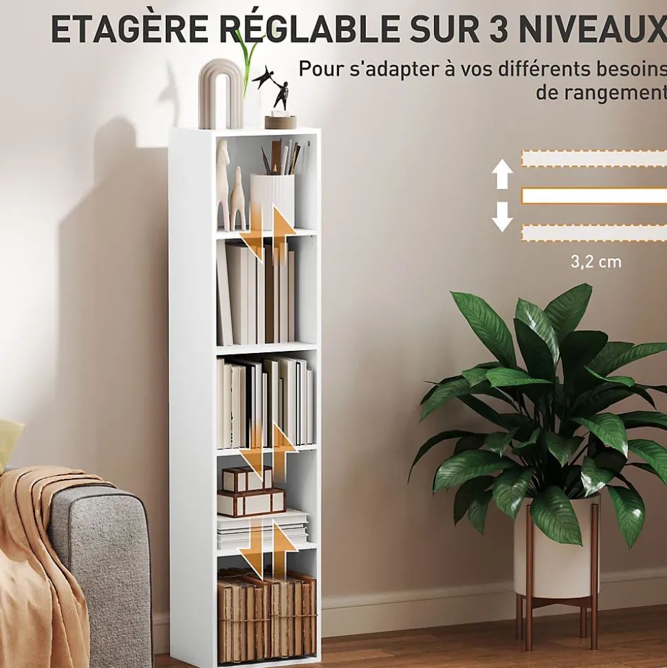 Étagère cube colonne - bibliothèque - rangement 5 compartiments - dim. 30 x 24 x 133 cm - blanc