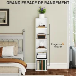 Étagère cube colonne - bibliothèque - rangement 5 compartiments - dim. 30 x 24 x 133 cm - blanc