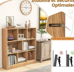 Étagère 8-Cube,3 Niveaux avec Compartiments , 2 Kits Anti-basculement, Armoire pour Livres ,Jouets, 100 x 24 x 104 cm (Naturel)