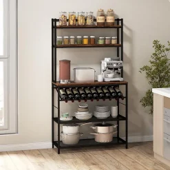 Étagère de Cuisine à 6 Niveaux Support pour Micro Onde Autoportant Porte Bouteille de Vin Incliné 2 Étagères en Maille