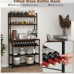 Étagère de Cuisine à 6 Niveaux Support pour Micro Onde Autoportant Porte Bouteille de Vin Incliné 2 Étagères en Maille