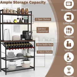 Étagère de Cuisine à 6 Niveaux Support pour Micro Onde Autoportant Porte Bouteille de Vin Incliné 2 Étagères en Maille
