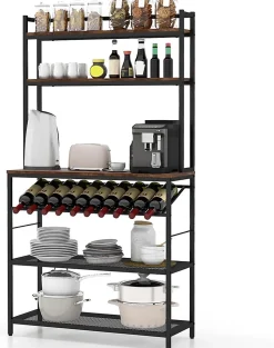 Étagère de Cuisine à 6 Niveaux Support pour Micro Onde Autoportant Porte Bouteille de Vin Incliné 2 Étagères en Maille