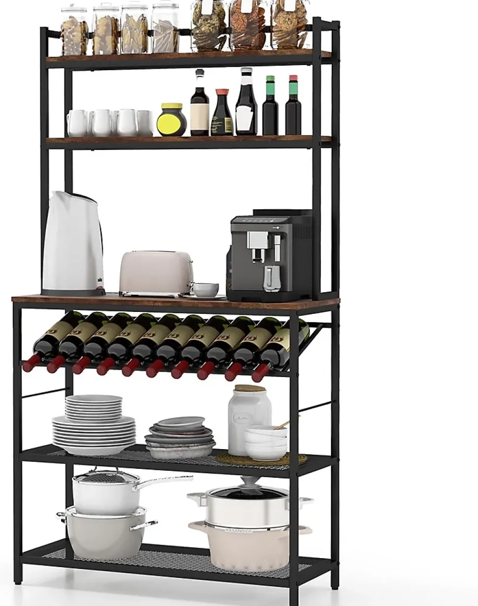 Étagère de Cuisine à 6 Niveaux Support pour Micro Onde Autoportant Porte Bouteille de Vin Incliné 2 Étagères en Maille