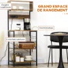 Étagère de cuisine avec multiprise et 2 chargeurs USB - 2 étagères, plateau, niche, 5 crochets - acier noir aspect bois vieilli