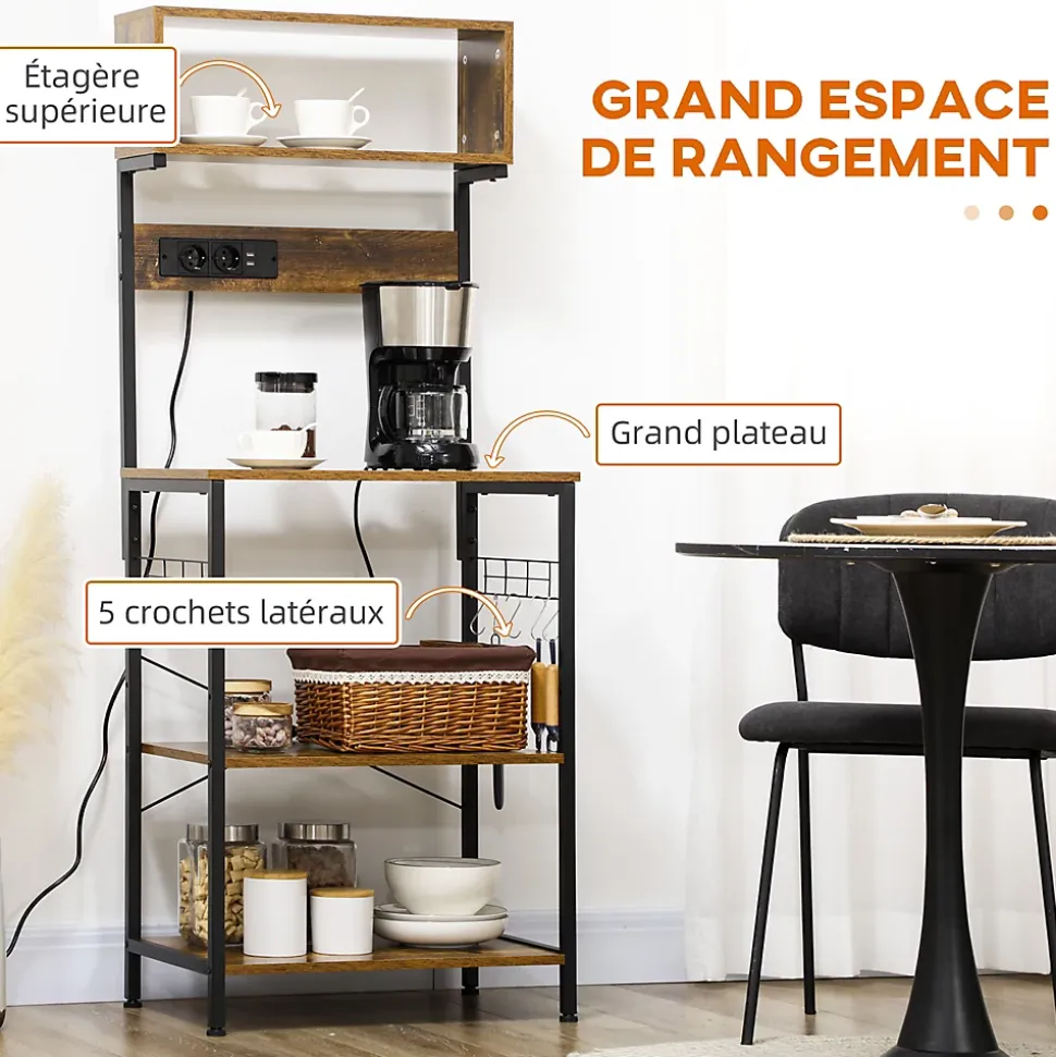 Étagère de cuisine avec multiprise et 2 chargeurs USB - 2 étagères, plateau, niche, 5 crochets - acier noir aspect bois vieilli
