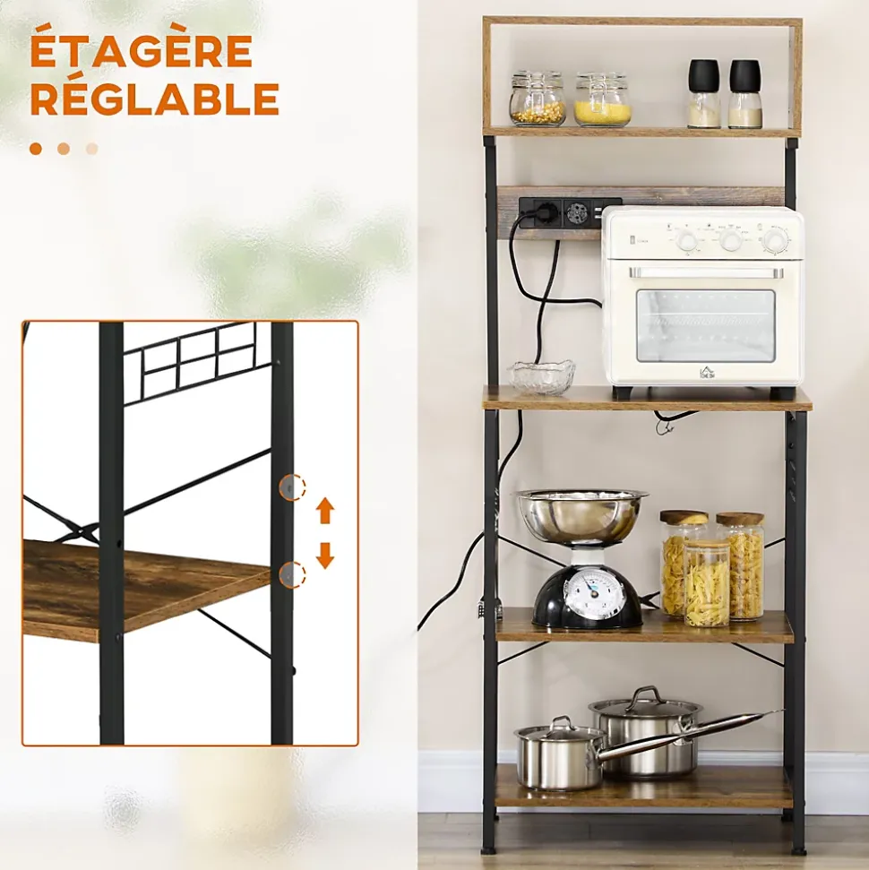 Étagère de cuisine avec multiprise et 2 chargeurs USB - 2 étagères, plateau, niche, 5 crochets - acier noir aspect bois vieilli
