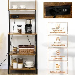 Étagère de cuisine avec multiprise et 2 chargeurs USB - 2 étagères, plateau, niche, 5 crochets - acier noir aspect bois vieilli