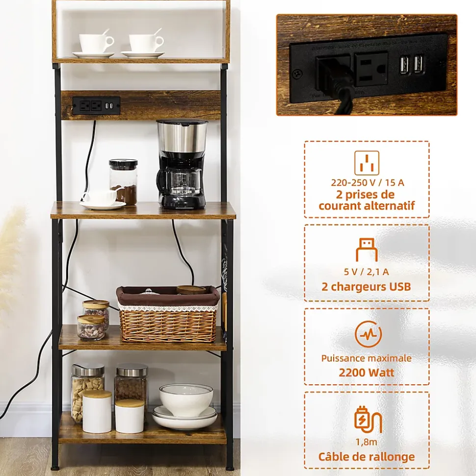 Étagère de cuisine avec multiprise et 2 chargeurs USB - 2 étagères, plateau, niche, 5 crochets - acier noir aspect bois vieilli
