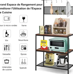 étagère de Rangement à 3 Niveaux étagère pour Micro Ondes avec 11 Crochets et Panneau Grillagé avec Pieds Antidérapants