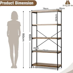 Étagère de Rangement à 5 Niveaux,Dispositif Anti-basculement,Bibliothèque Style Industriel avec Patins Antidérapants,Marron