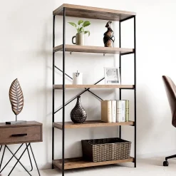 Étagère de Rangement à 5 Niveaux,Dispositif Anti-basculement,Bibliothèque Style Industriel avec Patins Antidérapants,Marron
