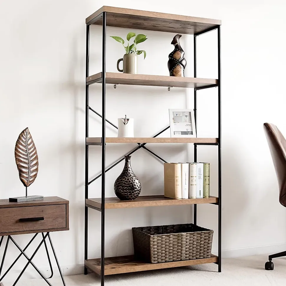 Étagère de Rangement à 5 Niveaux,Dispositif Anti-basculement,Bibliothèque Style Industriel avec Patins Antidérapants,Marron