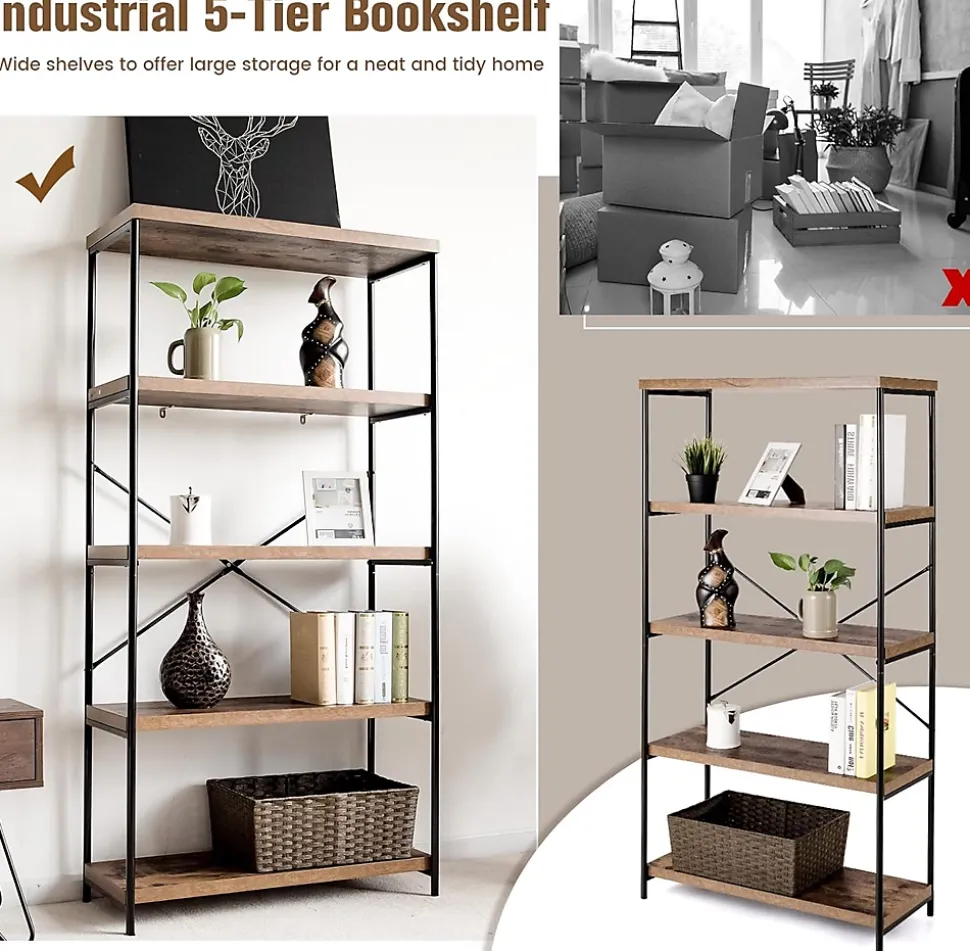 Étagère de Rangement à 5 Niveaux,Dispositif Anti-basculement,Bibliothèque Style Industriel avec Patins Antidérapants,Marron