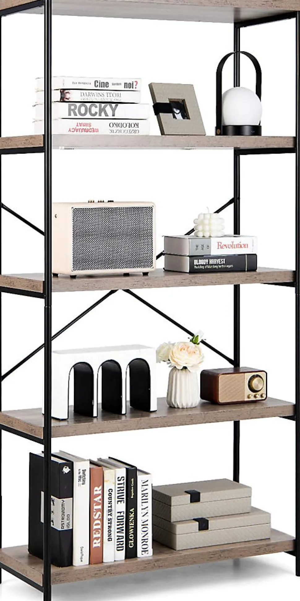Étagère de Rangement à 5 Niveaux,Dispositif Anti-basculement,Bibliothèque Style Industriel avec Patins Antidérapants,Gris