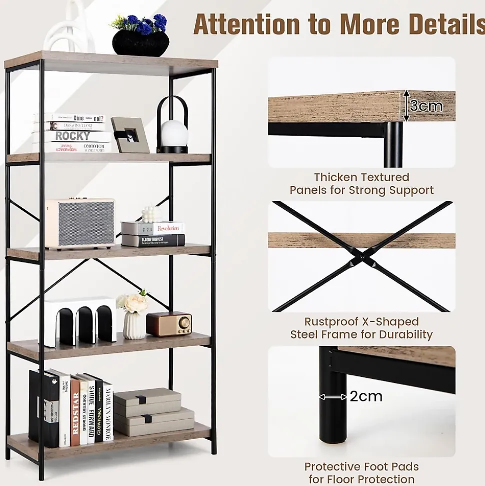 Étagère de Rangement à 5 Niveaux,Dispositif Anti-basculement,Bibliothèque Style Industriel avec Patins Antidérapants,Gris