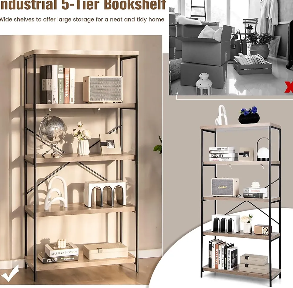 Étagère de Rangement à 5 Niveaux,Dispositif Anti-basculement,Bibliothèque Style Industriel avec Patins Antidérapants,Gris
