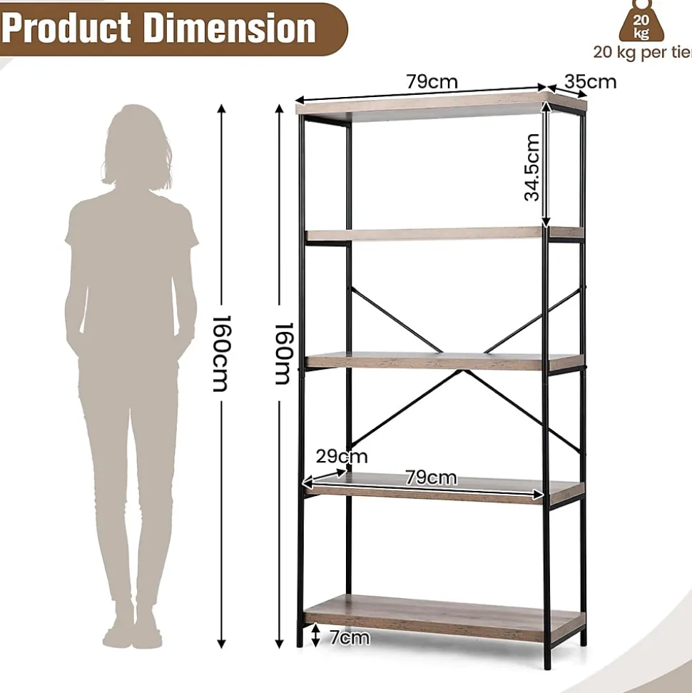 Étagère de Rangement à 5 Niveaux,Dispositif Anti-basculement,Bibliothèque Style Industriel avec Patins Antidérapants,Gris