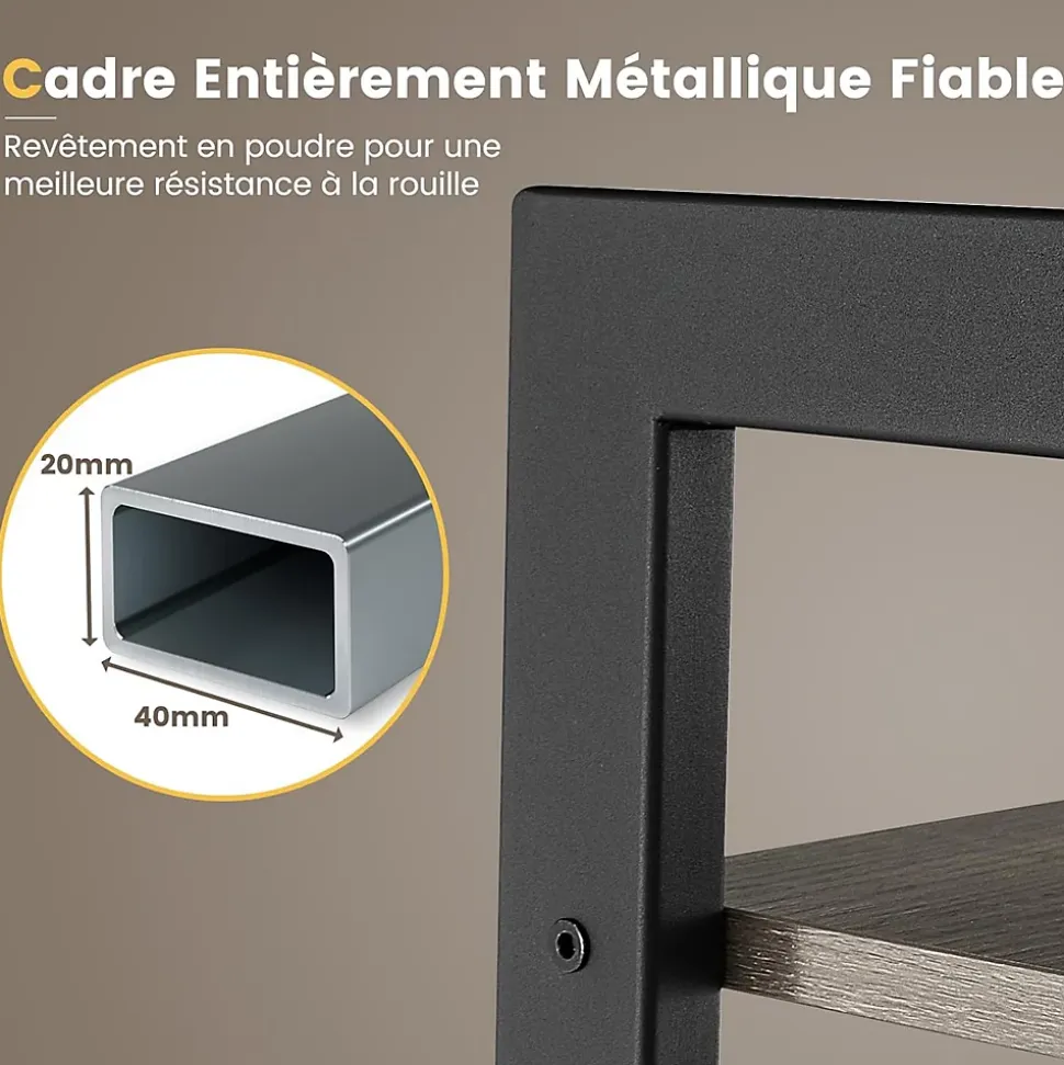 Étagère de Rangement à 4 Niveaux avec Cadre en Métal, Dispositif Anti-basculement, Bibliothèque, Chêne Gris