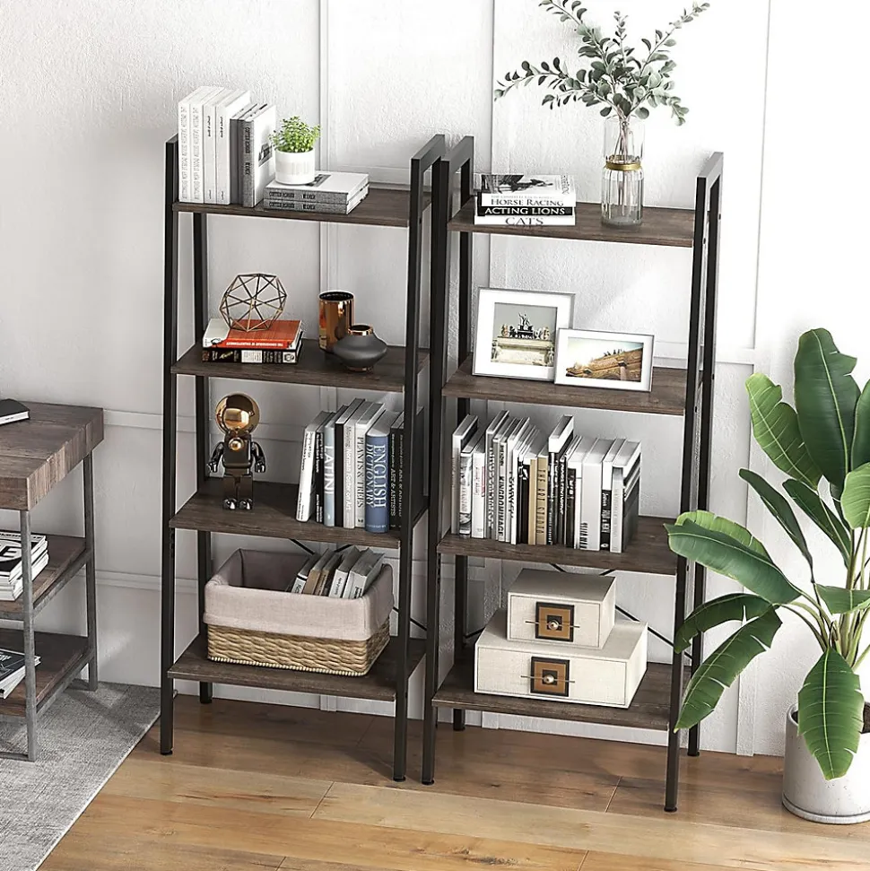 Étagère de Rangement à 4 Niveaux avec Cadre en Métal, Dispositif Anti-basculement, Bibliothèque, Chêne Gris