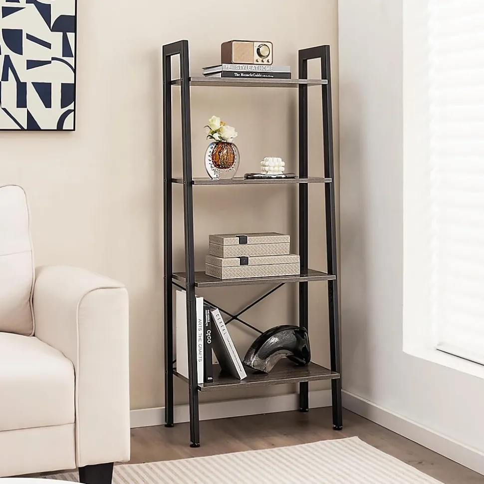 Étagère de Rangement à 4 Niveaux avec Cadre en Métal, Dispositif Anti-basculement, Bibliothèque, Chêne Gris