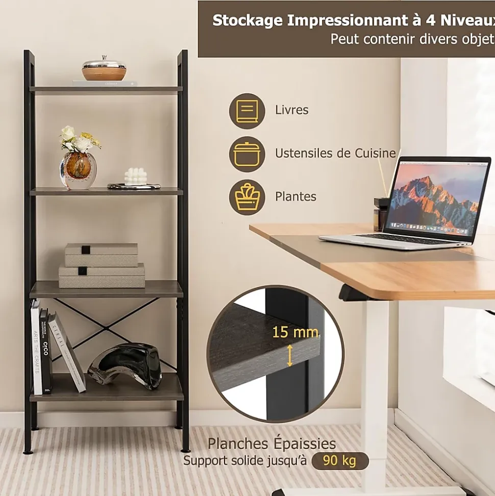Étagère de Rangement à 4 Niveaux avec Cadre en Métal, Dispositif Anti-basculement, Bibliothèque, Chêne Gris
