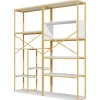 Étagère de Rangement Moderne - Meuble d'Entrée avec Étagères Multiples et Structure en Acier Blanc et Doré - 160x29,5x180 cm