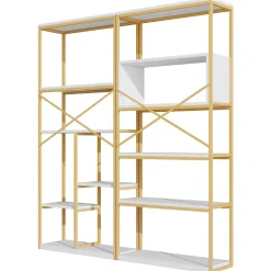 Étagère de Rangement Moderne - Meuble d'Entrée avec Étagères Multiples et Structure en Acier Blanc et Doré - 160x29,5x180 cm