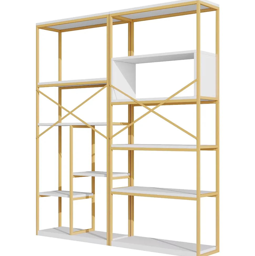 Étagère de Rangement Moderne - Meuble d'Entrée avec Étagères Multiples et Structure en Acier Blanc et Doré - 160x29,5x180 cm