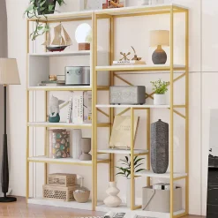 Étagère de Rangement Moderne - Meuble d'Entrée avec Étagères Multiples et Structure en Acier Blanc et Doré - 160x29,5x180 cm